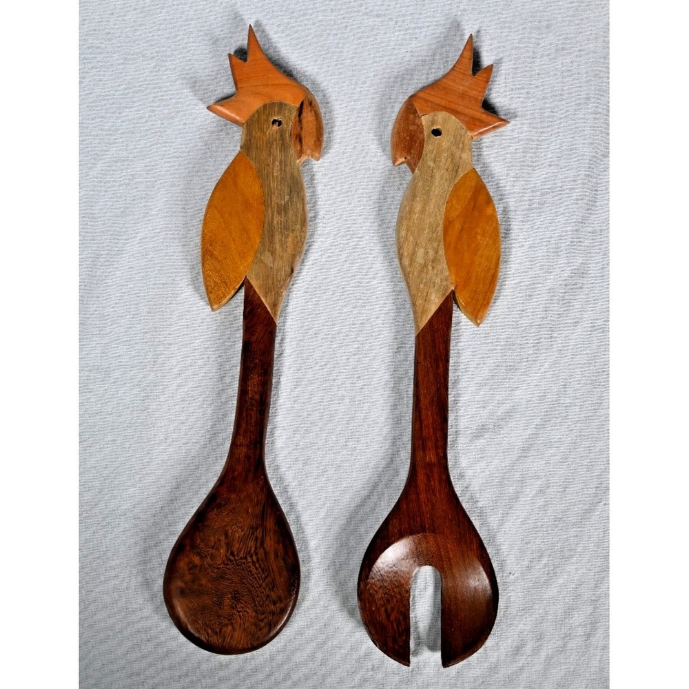 Set of 2 Wooden Parrot Salad Servers Hand Carved Utensils 13-7/8"